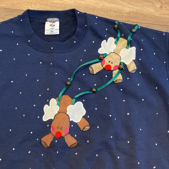 Vintage Reindeer Jingle Bell Santa Puff Paint Handmade Crewneck Sweatshirt XL - Picture 2 of 4